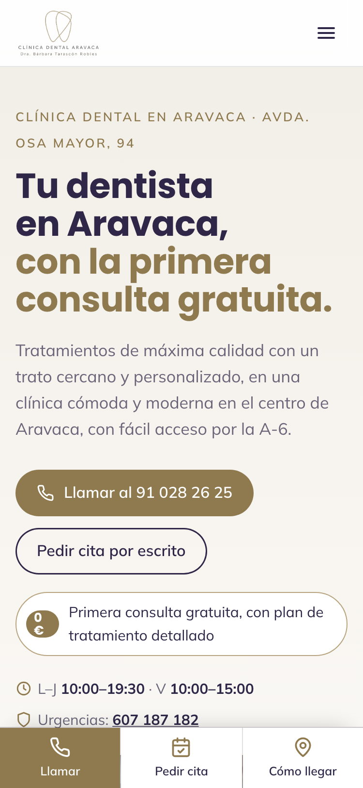 Captura de la web nueva de Clínica Dental Aravaca en un móvil
